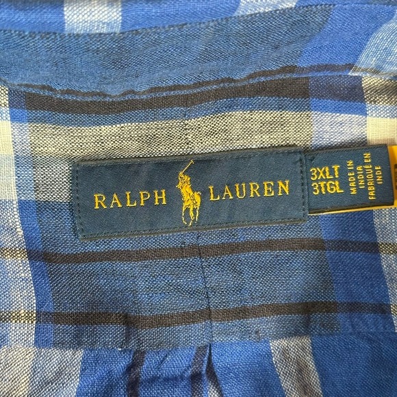 Ralph Lauren Men's 3XLT Blue Plaid Linen Blend Button Down Shirt Preppy Lux Work - Picture 5 of 11